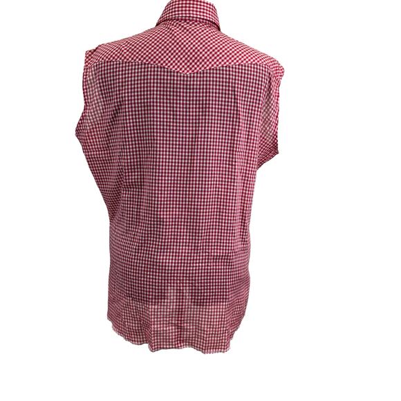 Vintage Wrangler Red Gingham Sleeveless Pearl Snap Western Shirt XL USA Made - Picture 13 of 16